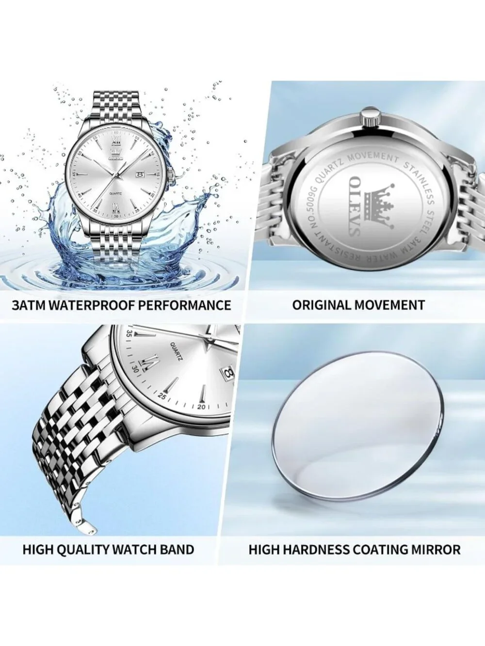 Men's Silver Stainless Steel Band Waterproof Roman Numbers Round Classic Watch